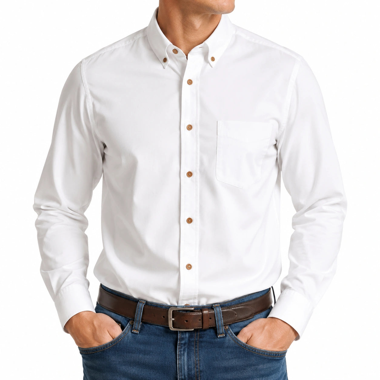 Camicia da uomo taglia M bianca in tessuto a trama liscia con colletto button-down