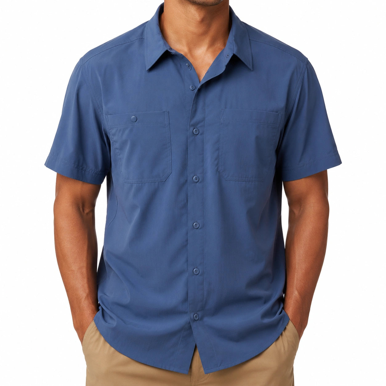 Camicia da uomo L in tessuto blu a maniche corte con tasche