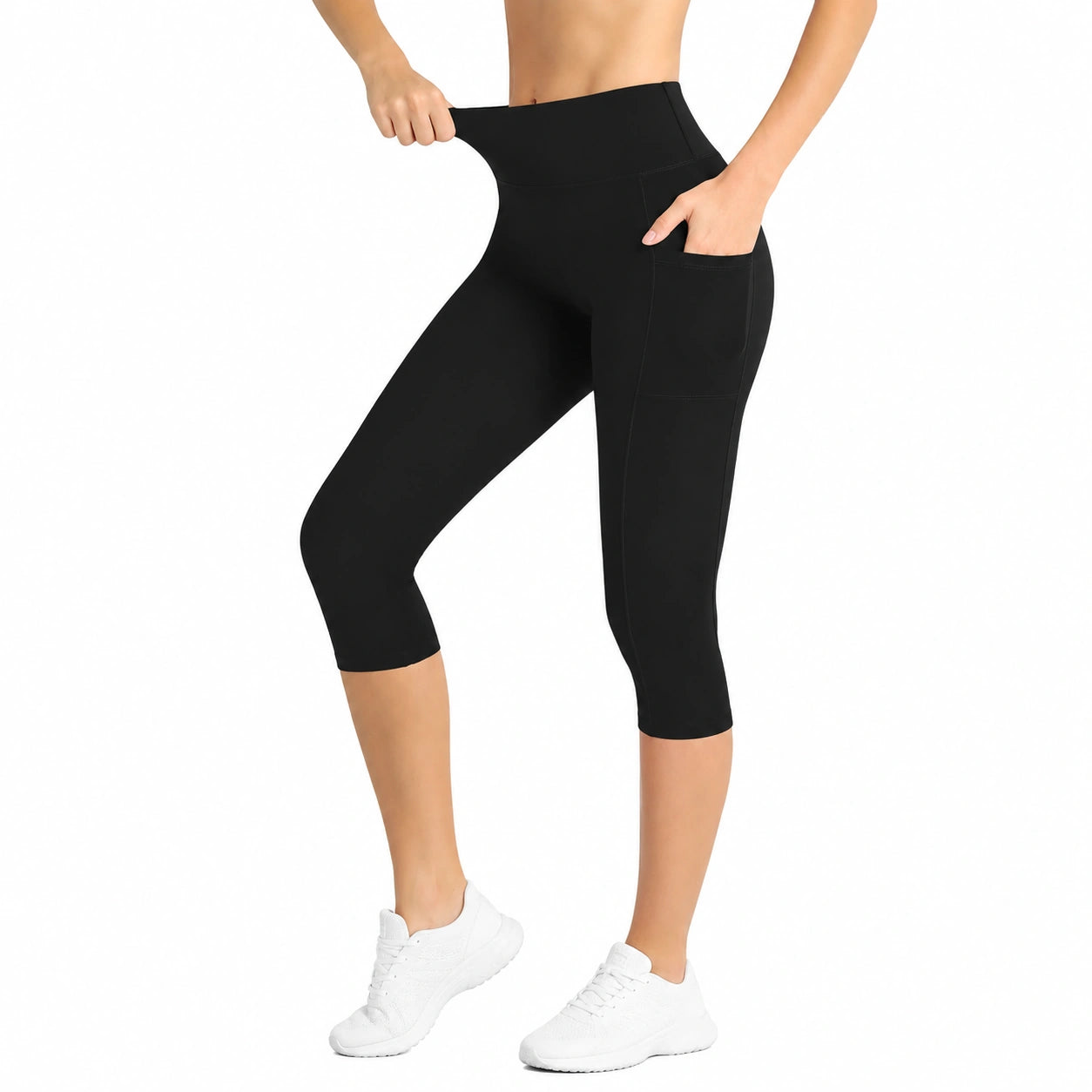 Leggings donna 3/4 taglia S in tessuto elasticizzato nero a vita alta con tasche per attività sportive