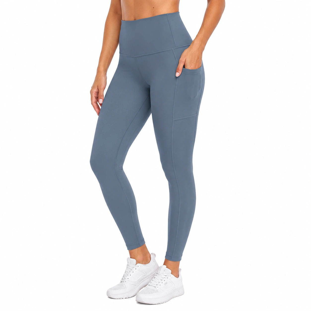 Leggings donna taglia M in tessuto elasticizzato blu ardesia a vita alta con tasca laterale per fitness