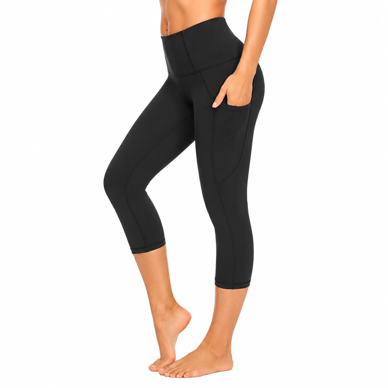 Leggings capri donna S neri in tessuto elasticizzato a vita alta con tasca laterale