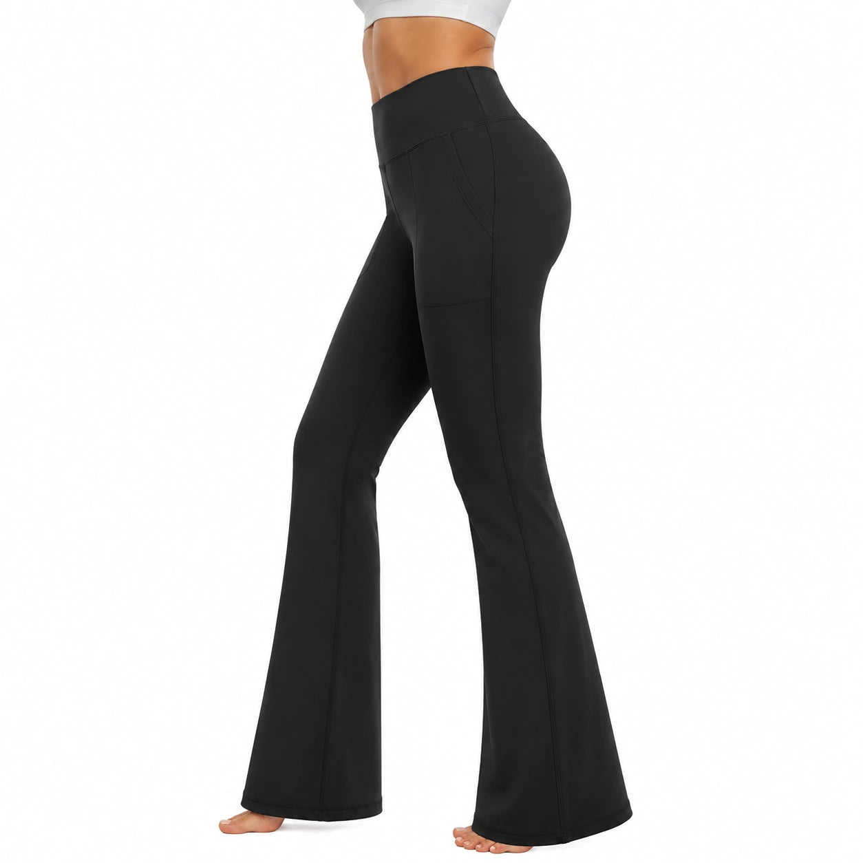Pantaloni yoga donna taglia S in tessuto elasticizzato nero a vita alta con gamba svasata