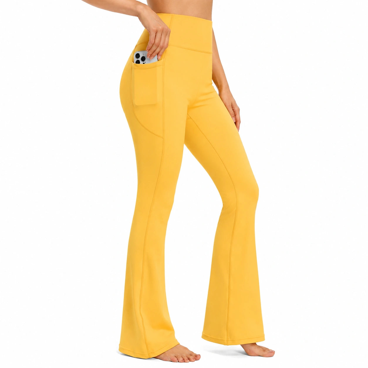 Leggings donna M giallo in tessuto elasticizzato a vita alta con tasca laterale svasati