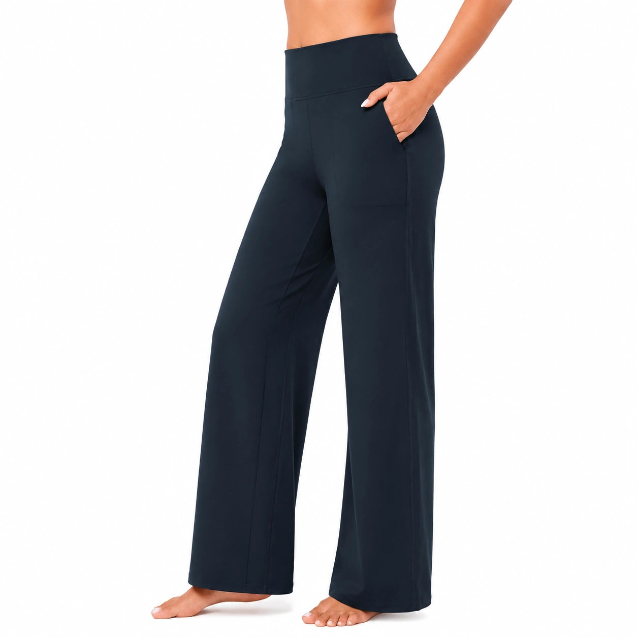 Pantaloni donna taglia M in tessuto elasticizzato blu navy a gamba larga con tasche