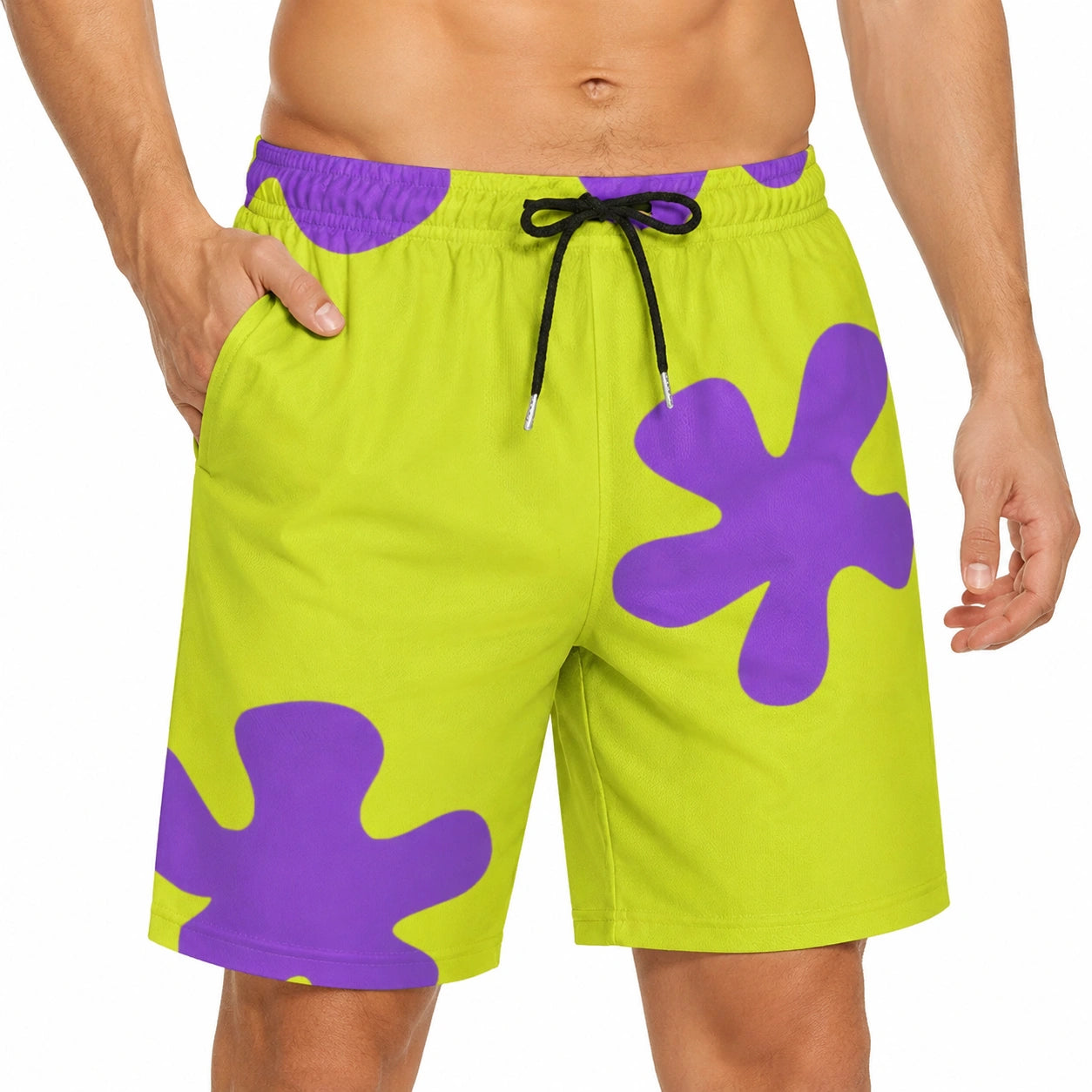 Pantaloncini da bagno uomo taglia M in tessuto verde lime e viola con coulisse e tasche