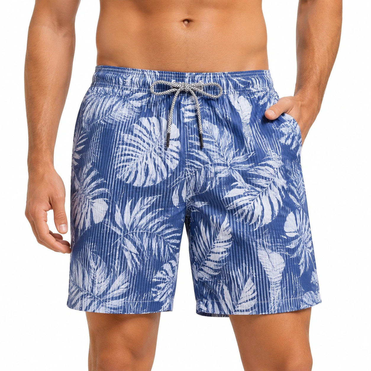 Costume da bagno uomo M in tessuto blu bianco con stampa foglie e coulisse