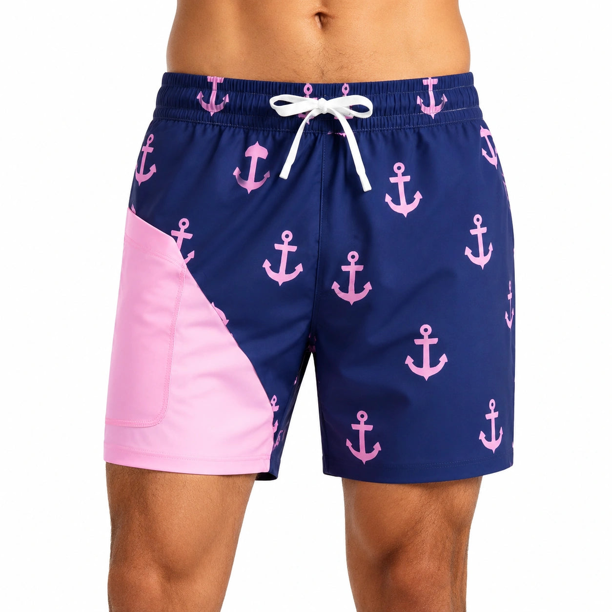 Costume da bagno uomo L blu navy e rosa in tessuto sintetico con stampa ancore e tasca laterale