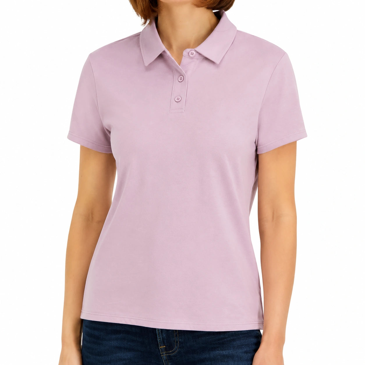 Polo donna taglia S in tessuto a maglia lilla a maniche corte casual