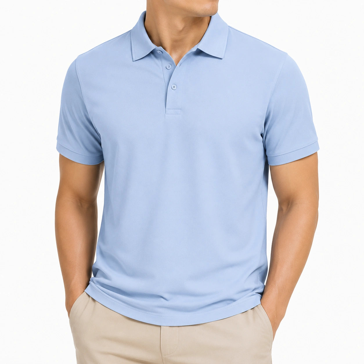 Polo uomo taglia M in tessuto sintetico azzurro a maniche corte stile casual