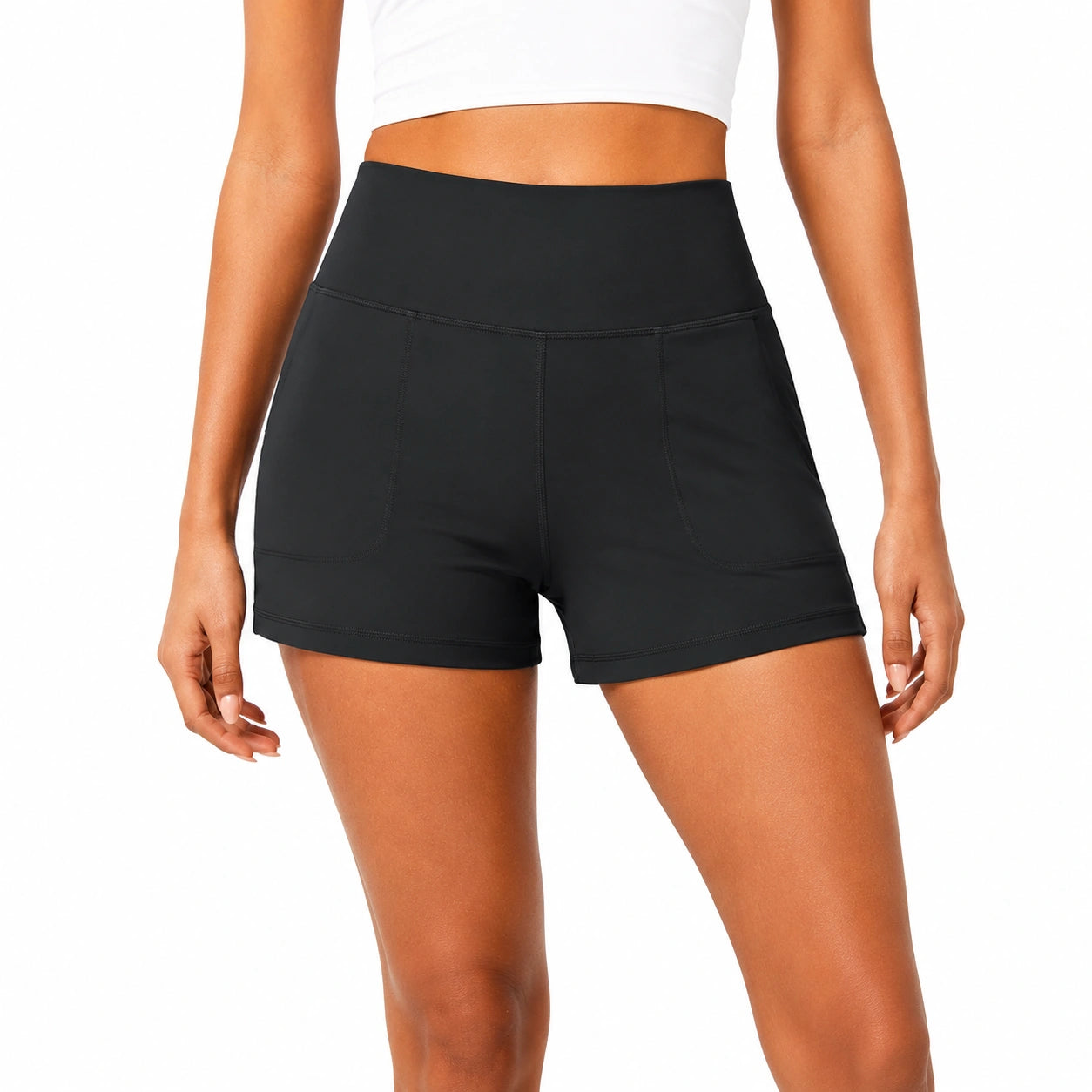 Short sportivi donna taglia S neri in tessuto elasticizzato a vita alta con tasche
