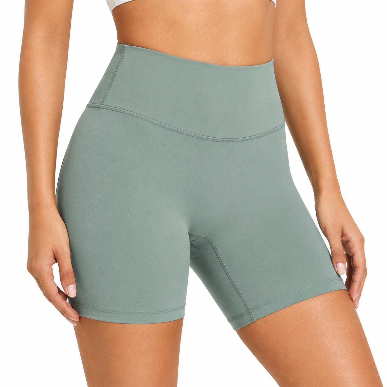 Shorts ciclista donna M in tessuto elasticizzato verde salvia a vita alta per allenamento