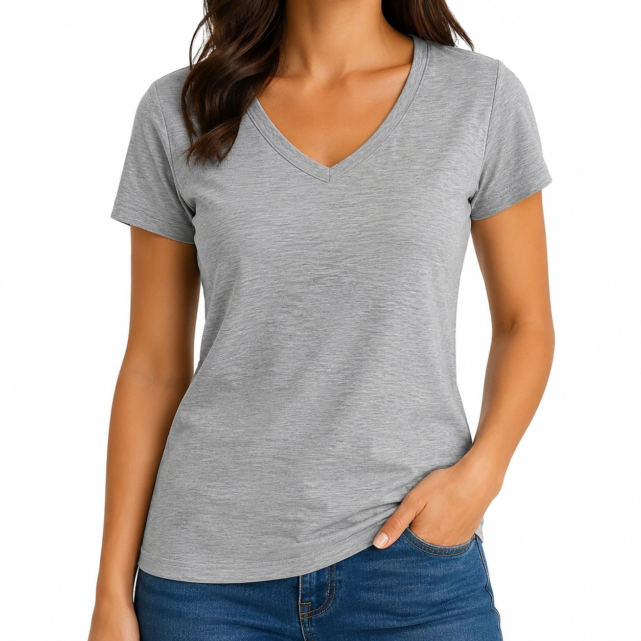 Maglietta da donna taglia S in tessuto grigio a maniche corte con scollo a V casual