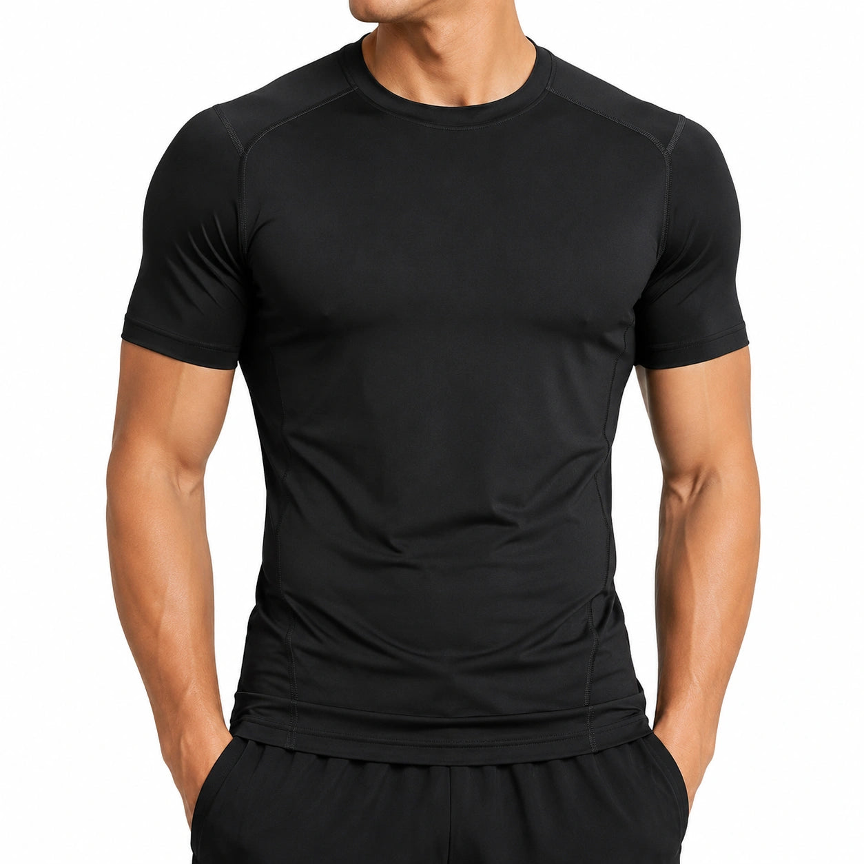 Maglia sportiva uomo taglia L in tessuto elasticizzato nero a maniche corte aderente